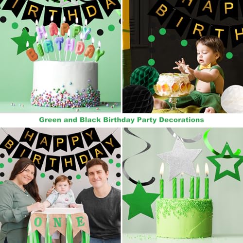 Image of meowtastic Birthday Decorations Happy Birthday Banner with Honeycomb Balls | 16pcs Birthday Set: 1 Banner+6 Honeycomb Balls+8 Star Spirals+1 Circle Dots, Happy Birthday Decor - Green and Black