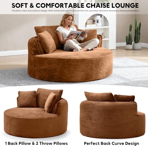 Image of Oversized Round Chair Lounge Chaise Indoor, 53.5 inch Upholstered Corduroy Deep Seat Single Cloud Sofa Chair, Fluffy Modern Large Circle Boneless Sleeper Sofa for Living Room, Bedroom, Orange