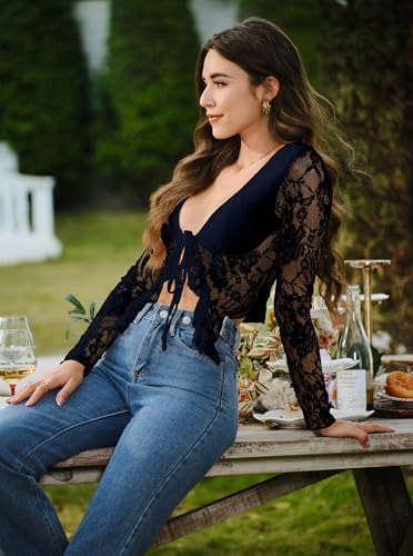 Women's Sexy Open Front Tie Long Sleeve Ruffle Trim Sheer Mesh Lace Crop Tops Blouses4