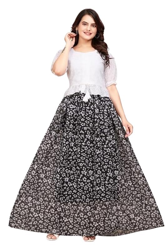 Women's Georgette Regular Fit Top and Skirt Set with Elegant Design Cotton Georgette A-Line Black