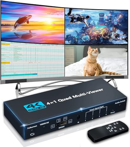 Image of MICROWARE HDMI Multiviewer Switch 4x1, HDMI Quad Multi-Viewer with Seamless Switch, Split Screen,5 Display Modes,with IR Remote /Software /Push Button Selector for Security Camera, Gaming Consoles