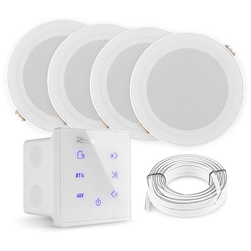Power Dynamics Powerline A100W Pack Amplificateur Mural avec 4 Enceintes de Salle de Bain - 160 Watts, Câbles Inclus, BT 5.0, USB et Micro SD, Écran Tactile, Idéal...