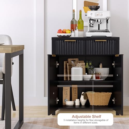 Image of Panana 2-Door 2-Drawer Storage Cabinet, Farmhouse Ribbed Style Sideboard for Kitchen, Living Room, Entryway (Black)