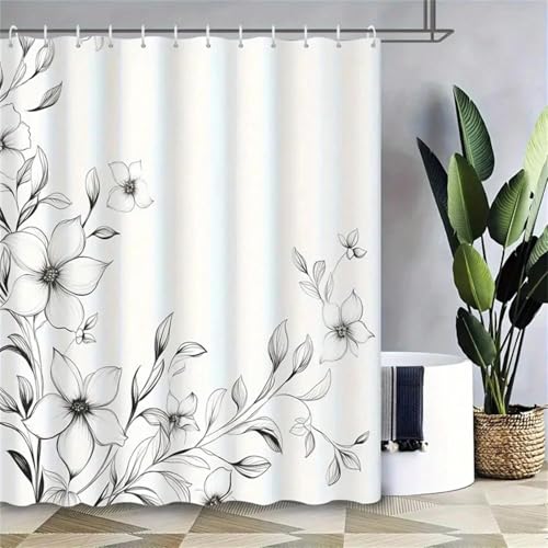 Rideau de douche à fleurs noir et blanc, moderne en polyester lavable de 150 x 180 cm - 3