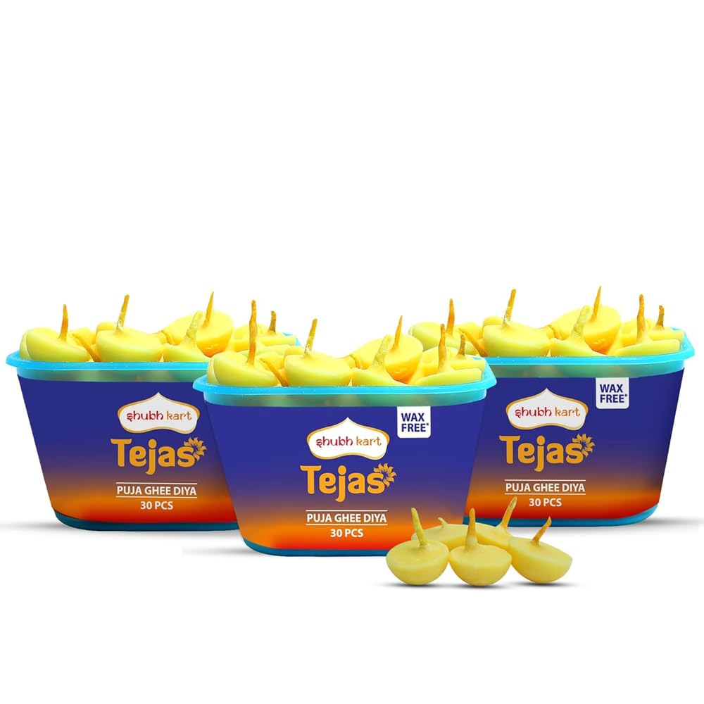 Shubhkart Tejas Ghee Diya with Batti - Pack of 30 Diyas (Pack of 3, Total 90 Pieces) | Wax-Free Ghee Batti/Wicks/Jyot for Pooja, Aarti, Festivals & Daily Rituals | Ready-to-Use & Smoke-Free Lighting