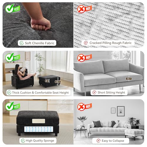 Image of 57.5 inch Oversized Chenille Chair with Movable Ottoman, Black Deep Seat Comfy Upholstered Chaise Lounge Reading Accent Armchair with Side Pocket, Single Sleeper Sofa for Living Room Bedroom Small Space