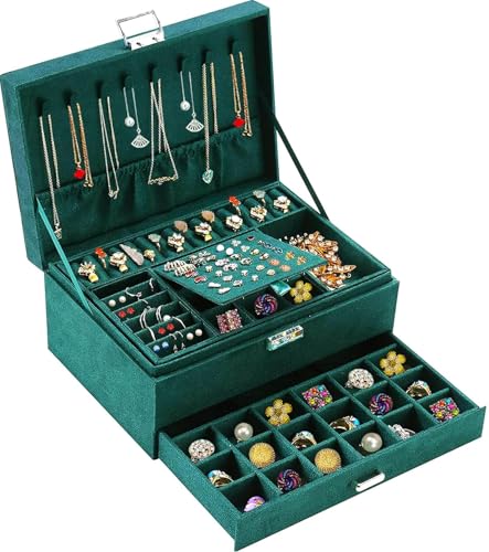Image of Suede Jewelry Box Organizer For Women Girls,3 Layers Big Jewelry Earrings Organizer Box With Lock Drawer Women Jewelry Display Holder Storage For Earrings Bracelets Necklace Watches-Green