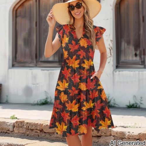 Image of Womens Summer Dress Ruffle Sleeve V Neck Dress Casual Fit Flowy Beach Vacation Sundress with Pocket S-2XL
