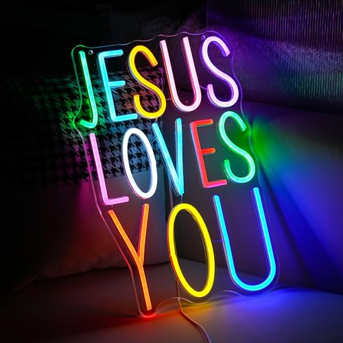 Image of Jesus Loves You Neon sign Colorful Led Letters Sign Neon Light for Wall Decor Dimmable Jesus Light Up Sign for Home Christ Church Wedding Birthday Party Decor(USB Power)