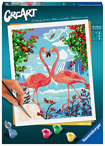 Ravensburger Creart Fenicotteri Innamorati, Kit per Dipingere con I Numeri, Tavola Prestampata 24 x 30 cm, Pennello, Colori E Accessori, Gioco Creativo E Relax per Adulti 14+ Anni, Multicolore