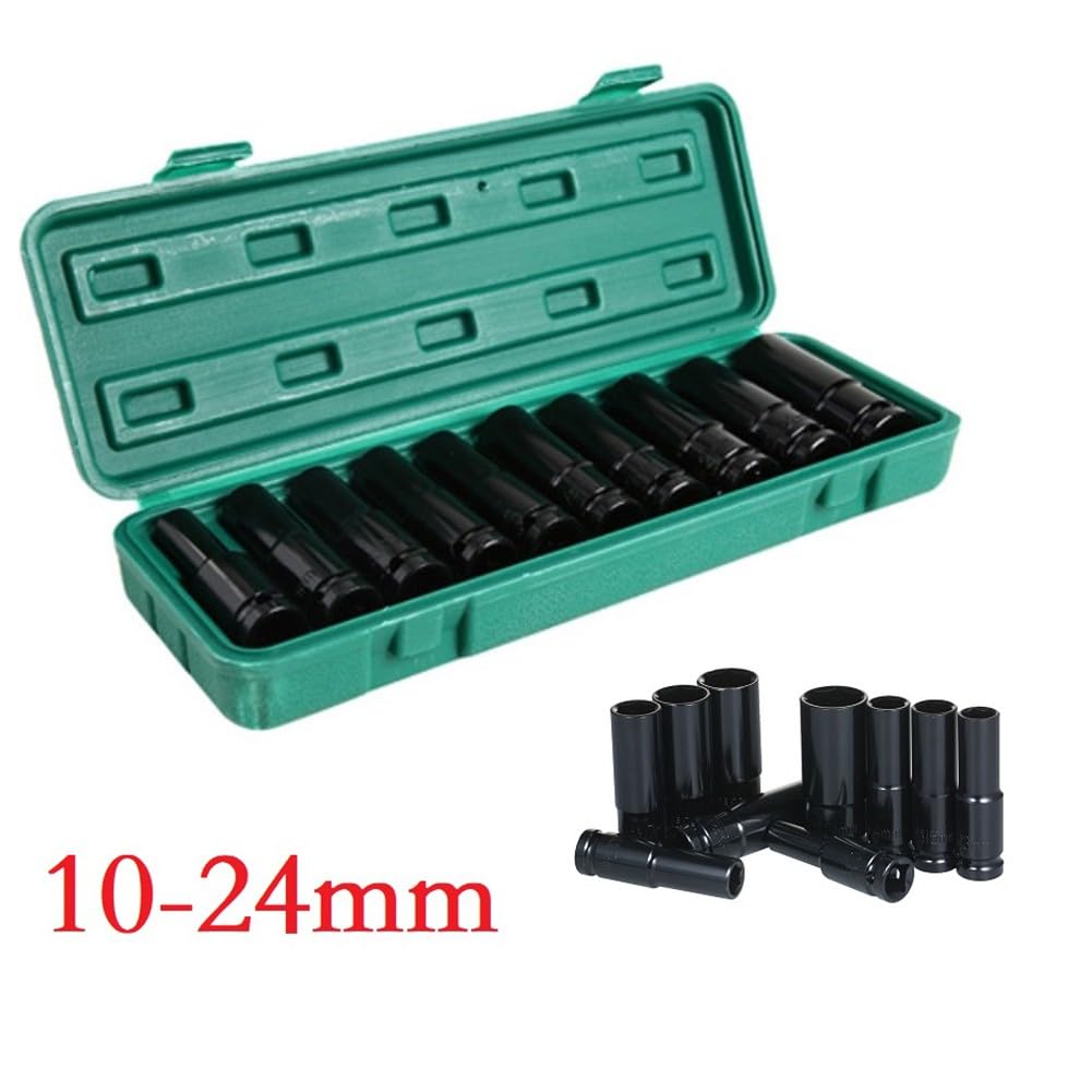 Set di chiavi a bussola a 6 punte da 1/2", in acciaio al carbonio, 10-24 mm, con custodia per utensili manuali e elettrici, 10 pezzi
