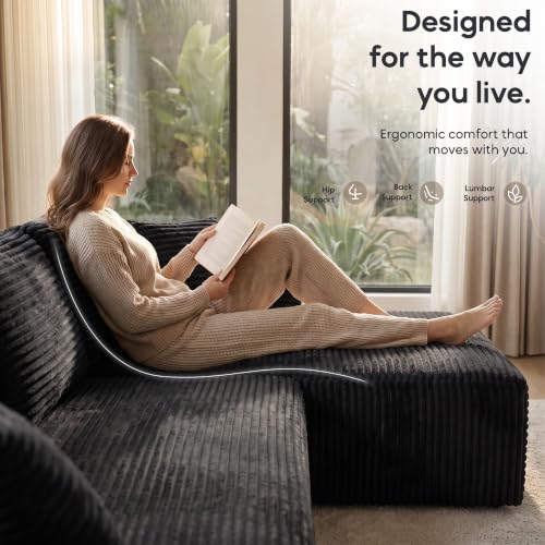 Image of 133 inch Oversized Cloud Boneless Sofa Couch with Chaise, Modern Corduroy U Shaped Modular Sectional Sofa with Deep Seat, Comfy Couch with Cupholders and Storage, No Assembly Required-Black