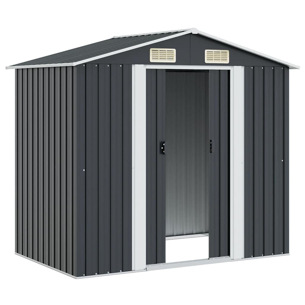 Gartenhaus aus Metall, Anthrazit, 204 x 132 x 186 cm, Gartenschuppen aus Stahl mit Doppelschiebetür, 4 Lüftungsöffnungen, Bodenrahmen, korrosionsbeständig und wetterfest