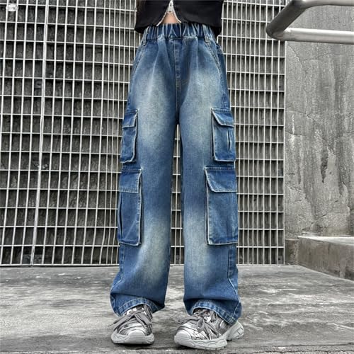 Cargo Jeans for Kids Girls Baggy Wide Leg Denim Pants Cute Elastic Waist Button Trousers Trendy Streetwear with Pockets2