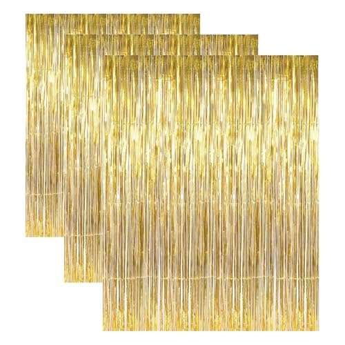 Image of 3.2 ft x 9.8 ft Metallic Tinsel Foil Fringe Curtains Party Photo Backdrop Party Streamers for Birthday,Graduation,New Year Eve Decorations Wedding Decor (3 Pack, Gold)