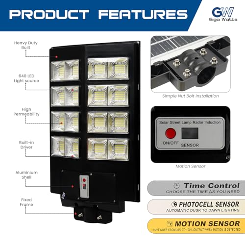 Image of Gigawatts 640 LED 250W Solar Street Light with Remote Control High Power 25Ah Battery Inbuilt 29W Solar Panel IP65 Water Resistant Outdoor Lamp for Wall Pathway Garden and Patio (1Pc, Cool White)