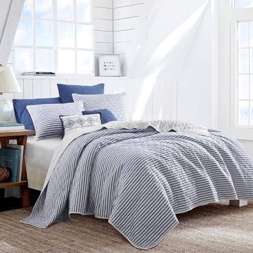 Wonderful - Blue Classic Ticking Stripe Quilt Set Queen Size, 3-Piece 100% Cotton Face & Fill Nautical Coastal Bedding, Rustic Farmhouse Bedspread Coverlet for All Season by Wonderful - Used condition - Image 2