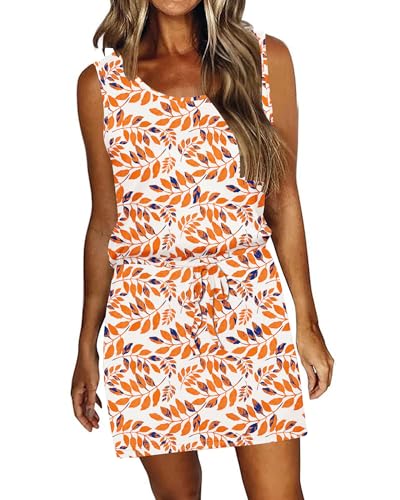 Image of AUSELILY Womens Summer Dress Casual Sleeveless Drawstring Short Dresses | Adjustable drawstring waist for a custom fit, plus 2 side pockets-perfect beach-to-street sundress