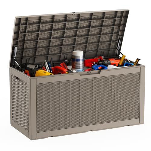 DRATO 100 Gallon Deck Box, Waterproof Resin Large Outdoor Storgae Box for Patio Furniture, Patio Cushions, Gardening Tools, Pool and Sports Supplies, Lockable,Grey