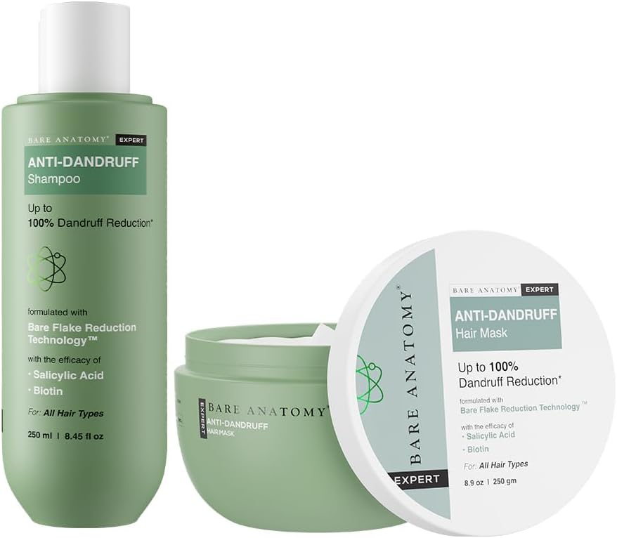 Bare Anatomy Anti Dandruff Shampoo & Conditioner Mask | Reduces Upto 100% Dandruff & Strengthens Hair | With Salicylic Acid & Biotin | Paraben & Sulphate Free | Women & Men | 250ml + 250g