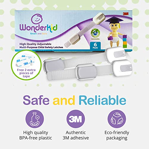 Adjustable & Reusable Child Safety Cabinet Locks & Latches, Baby Proofing Door Window, Cabinet, Toilet, & Refrigerator Lock, Child Safety Strap Locks With Adhesive Pads, Pack Of 6, Silver - Wonderkid #TOP1
