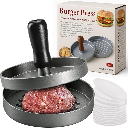 onlinecore Burger Press with 100 Wax Papers Non Sticker Smash Burger Press Made 0f Aluminum Multipurpose Burger Smasher Hamburger Press Steak Press Meat Press Patty Smasher Grill Press.
