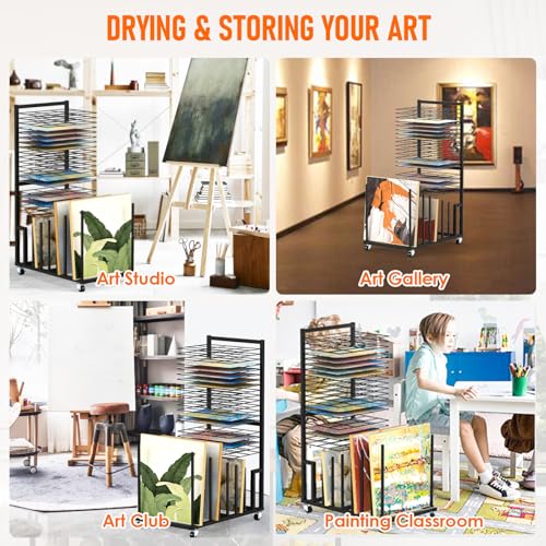 Image of jxgzyy Art Storage Rack 2 in 1 Metal Canvas Storage Racks with Wheels Art Drying Rack with 20 Removable Shelves 1 inch Apart Painting Display Stand for Canvas Drawing Board Artworks Drying