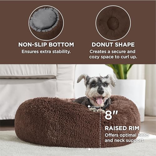 Image of Bedsure Calming Dog Bed for Small Medium Dogs - Donut Washable Medium Pet Bed, 27 inches Anti-Slip Round Fluffy Plush Faux Fur Cat Bed, Coffee