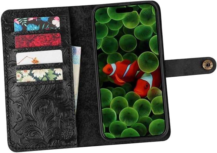 Women Embossing Black Leather Wallet Phone case for iPhone 17 16 15 14 Pro,Wristlet Personalized Leather case Compatible with iPhone 17 16 15 14 Pro Max W10-IPBMW