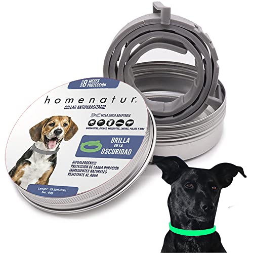 HOMENATUR Collar Antiparasitario Perros - Brilla en Oscuridad - para Pulgas Garrapatas Mosquitos Larvas - hasta 8 Meses Protección para tu Mascota - Talla Unica - Ingredientes Natuales - Impermeable Cover