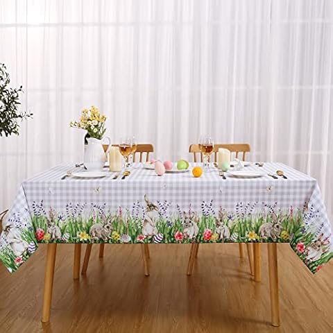 LuxFocus Easter Tablecloth Plaid Pattern Rectangular 52x70 Inch Printed Rabbit Decorative Table Cloth Waterproof Oilcloth for Dining Room, Terrace, Picnic and Party Home Decorations Tablecloth Cover