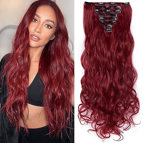 S-noilite Clip In On Hair Extension 8pcs 18Clips 24" Curly Dark Red Mixed Synthetic Heat Resistant Hairpieces Full Head Curly Straight For Women Girls(24" Curly, Dark Red Mixed)