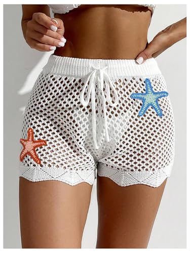 Verdusa Women's Star Crochet Sheer Bathing Suit Cover Up Shorts Drawstring Waist Bikini Bottoms4