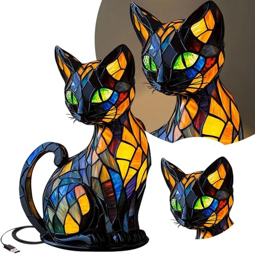 Lampe Chat En Vitrail, Lampe Chat Pour Amoureux Des Chats Lumineuse En Vitrail En Forme d'animal, Veilleuse De Table Rétro, Veilleuse Led Décorative Colorée...