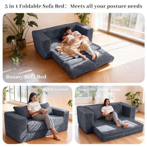 Image of HABUTWAY 62 inch Small Boneless Couch,3-in-1 Convertible Folding Sofa Bed, Corduroy Loveseat Sofa Bed w /2 Pillows for Living Room /Guest Room No Assembly Required, Dark Grey