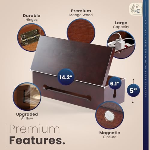 Solid Wood Cable Management Box - Large Cord Management Box Organizer; Cord Hiding Box for Desk; Wooden Storage for Chargers, Charging Station; Surge Protector, Power Strip - image 4