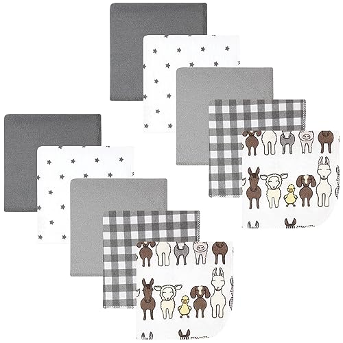 Image of Hudson Baby Unisex Baby Flannel Cotton Poly Washcloths, Farm Friends Grey 10-Pack, One Size
