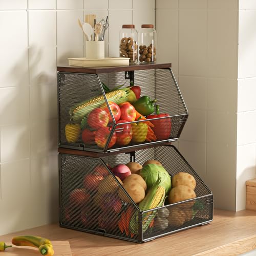 Stackable wall-mounted wire baskets with wood lid