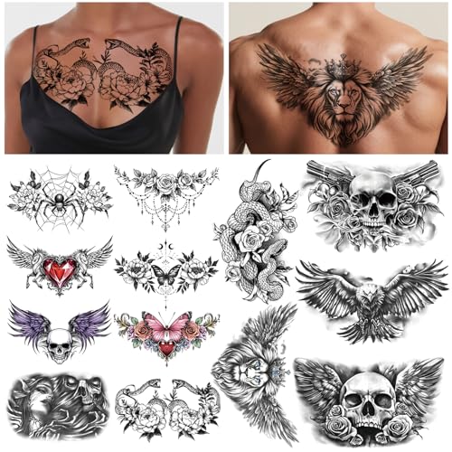 13 Sheet Large Chest Underboob Temporary Tattoos for Adult, 8PCS Sexy Abdomen Back Waist Flower...