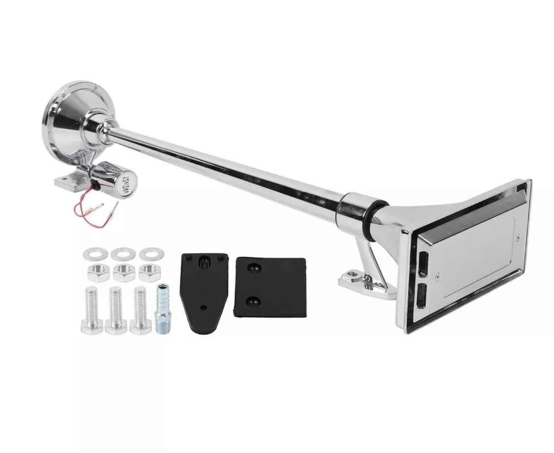 Universal Fanfare Chrom 12/24V Drucklufthorn mit Ventil 64cm Metall Hupe Horn 135 dB Neu OVP für LKW PKW Auto Boot Landtechnik