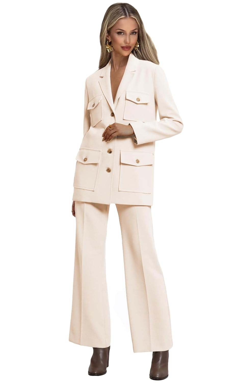 Pants Suits for Women with Belt 2 Piece Casual 4 Button V Neck Suits for Women with Pockets