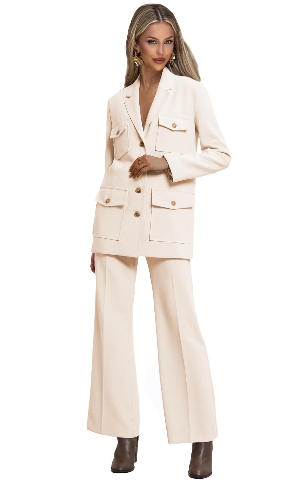 Pants Suits for Women with Belt 2 Piece Casual 4 Button V Neck Suits for Women with Pockets