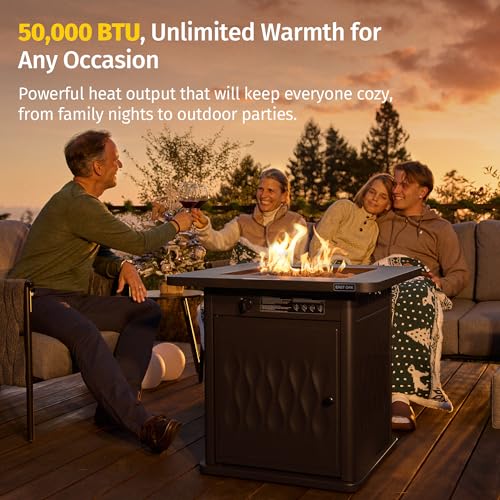 Image of EAST OAK 32'' Propane Fire Pit Table, 50,000 BTU Steel Gas FirePit for Outdoor, Outside Patio Deck and Garden, CSA Certified Fire Table with Magnetic Lid, Cover-Storage Basket and Lava Rock, Black