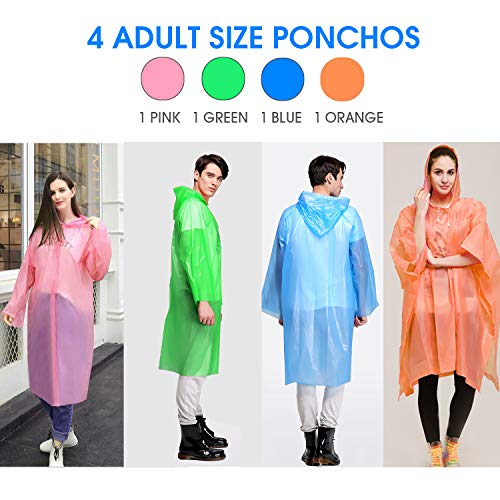 Ponchos for Adults, Disposable Rain Ponchos Multi-Colored Raincoat for Camping Hiking Traveling Backpacking, 4 Pack4