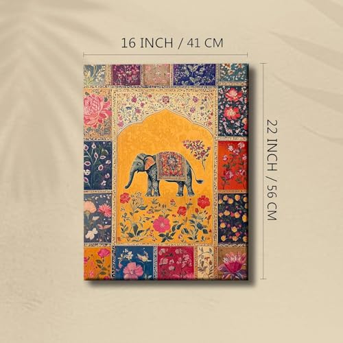Image of PAINTINGMANTRA Elephant Vastu Madhubani Canvas Wall Painting for Living Room | Ethnic Indian Elephant Wall Art for Home Decor | Office Size :41x56 cm Gallary Wraped