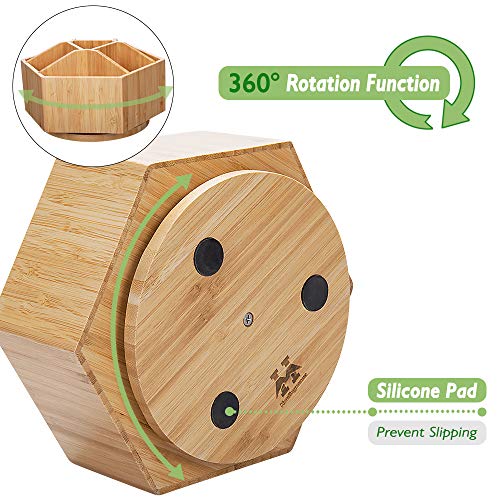 Houtingmaan Bamboo Office Supplies Organizer, 360 Degree Rotating Organizer with 7 Sections for Office Stationary, Like Pens, Marking Pens, Book Sewer, Knife, Clips, Sticky Notes and Calculator.