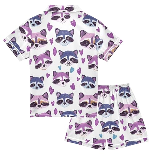 Little Purple Raccoon Summer Satin Pajama Set, Cute Button-Down Sleepwear Pj Set for Sleep Wears2