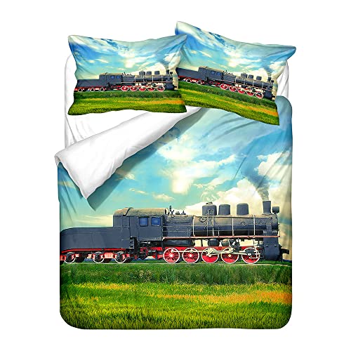 Parure de Lit 1/2 Personne Enfants Ado Hommes Housse de Couette Train Gris Noir, Ensemble de Literie Microfibre Traîne à Vapeur Pastorale Verte Literie Avec Taie d'oreiller (Train 2, 140 x 200 cm)