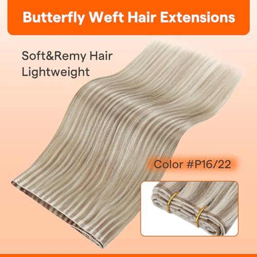 Image of Full Shine Butterfly Weft Hair Extensions 22 Inch 100g | Blonde Highlights Dark Blonde, Micro Bead Double Weft, PU Hole Design, Remy Straight Hair Feel, Seamless Blend Solution
