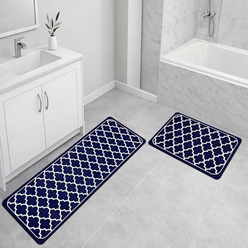 Image of Luxe Home Kitchen Mat Combo Quatrefoil Design Standing Desk Floor Mat Non Slip Kitchen Rugs, Comfort Runner Floor for Home Office, Sink & Laundry - Blue (116x36 & 58x36 cm PC-2)
